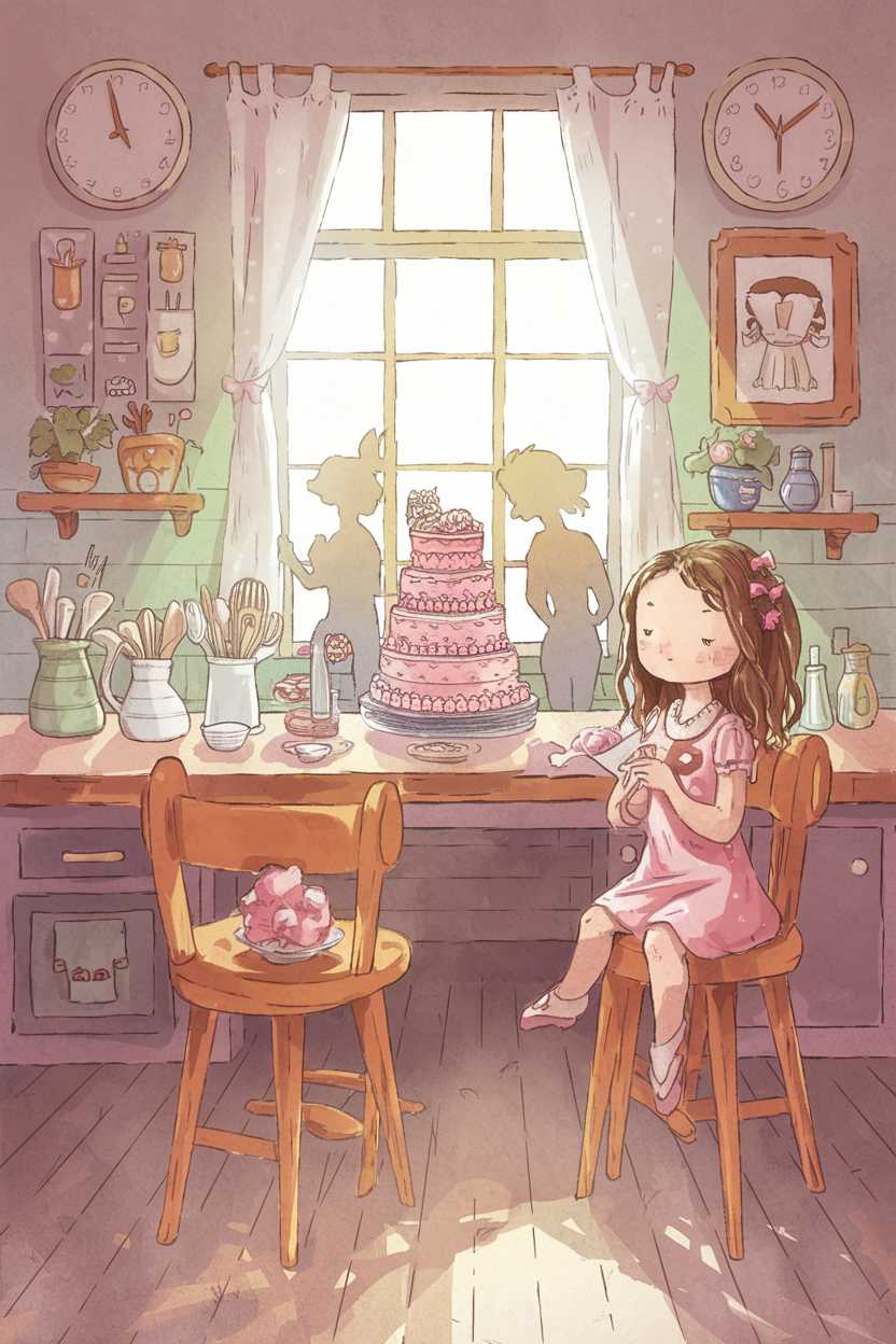 The illustration is beautiful, warm, and colorful, making it highly appealing for a children's book. The pastel shades and soft lighting enhance the cheerful and cozy atmosphere. The characters, particularly the young girl, are adorable and well-drawn, fitting the target audience. The setting is well-organized, with detailed elements that add to the storytelling. However, the cover lacks the title 'Mathilde,' an essential element, which lowers the score slightly. Adding the title would make it more suitable as a book cover.